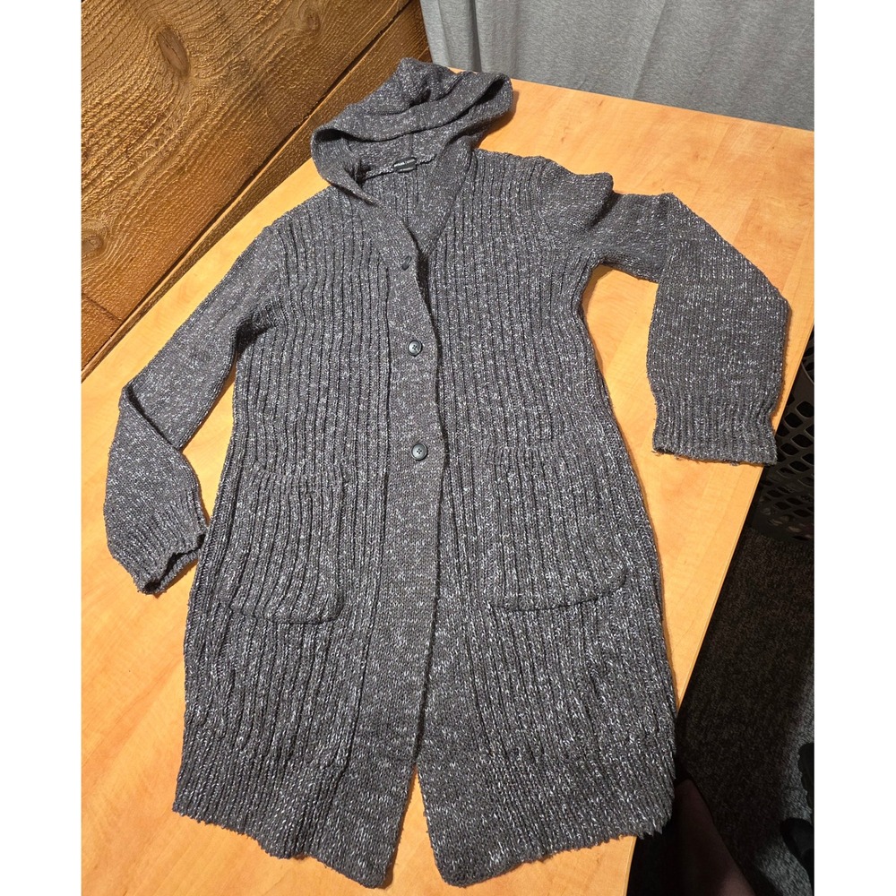 prAna Womens Gray Ribbed Knit Hooded Long Cardigan Sweater Marl Button Front‎ M